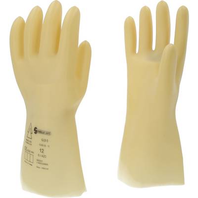 Two yellow rubber protective gloves standing upright; one showing the palm, the other the back of the hand. Text and symbols visible.