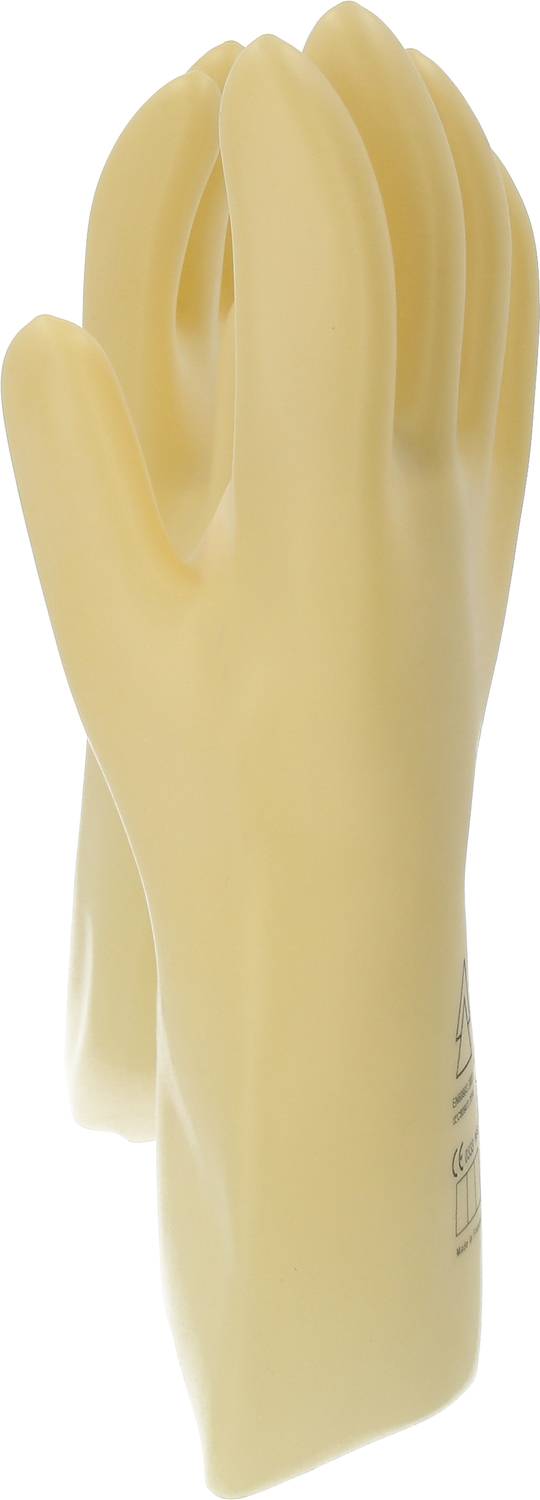 Two beige rubber protective gloves with a slightly curved shape, suitable for working with chemicals or in laboratory environments.
