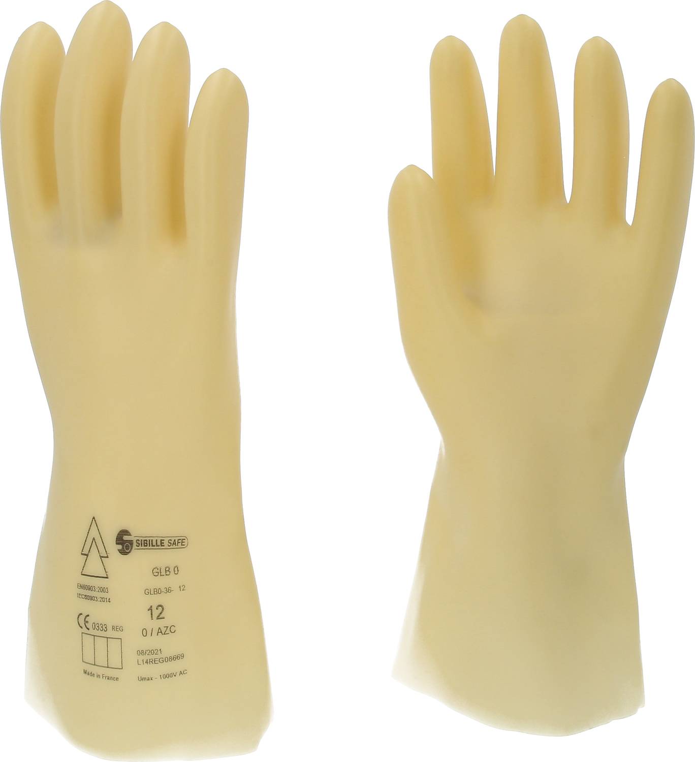 Two bright rubber gloves, standing side by side. The left one shows the label with CE marking and size indication.