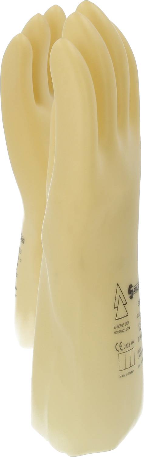 A pair of yellow insulating gloves with safety certifications, suitable for electrical use.