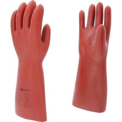 Two red insulating electrical safety gloves, standing side by side.
