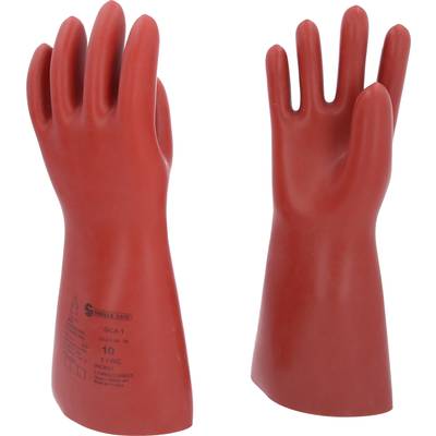 Two red insulating rubber gloves that protect against electric shocks. They have an extended cuff for additional protection.