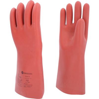 Two red electrician's gloves are standing upright. On the left, the outer side with safety markings is visible, on the right, the palm side.