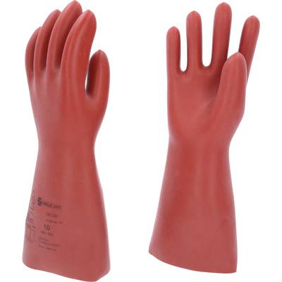 Two red insulating gloves, ideal for electricians. Printed on the left with size and safety information.