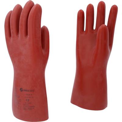 Two red safety gloves are standing upright. They are insulated to protect against electricity.