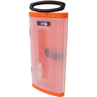 A wall-mounted AED cabinet with a transparent door and black handle, designed for secure storage and rapid access to a defibrillator.
