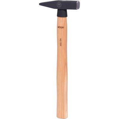 Hammer with a wooden handle and black head, positioned vertically. Suitable for craftwork.