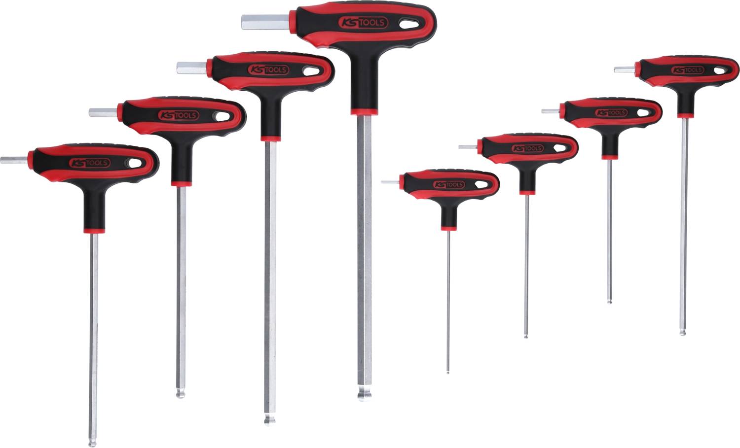 Seven hex keys with T-handles in different lengths, black and red; suitable for hand tools for tightening screws.