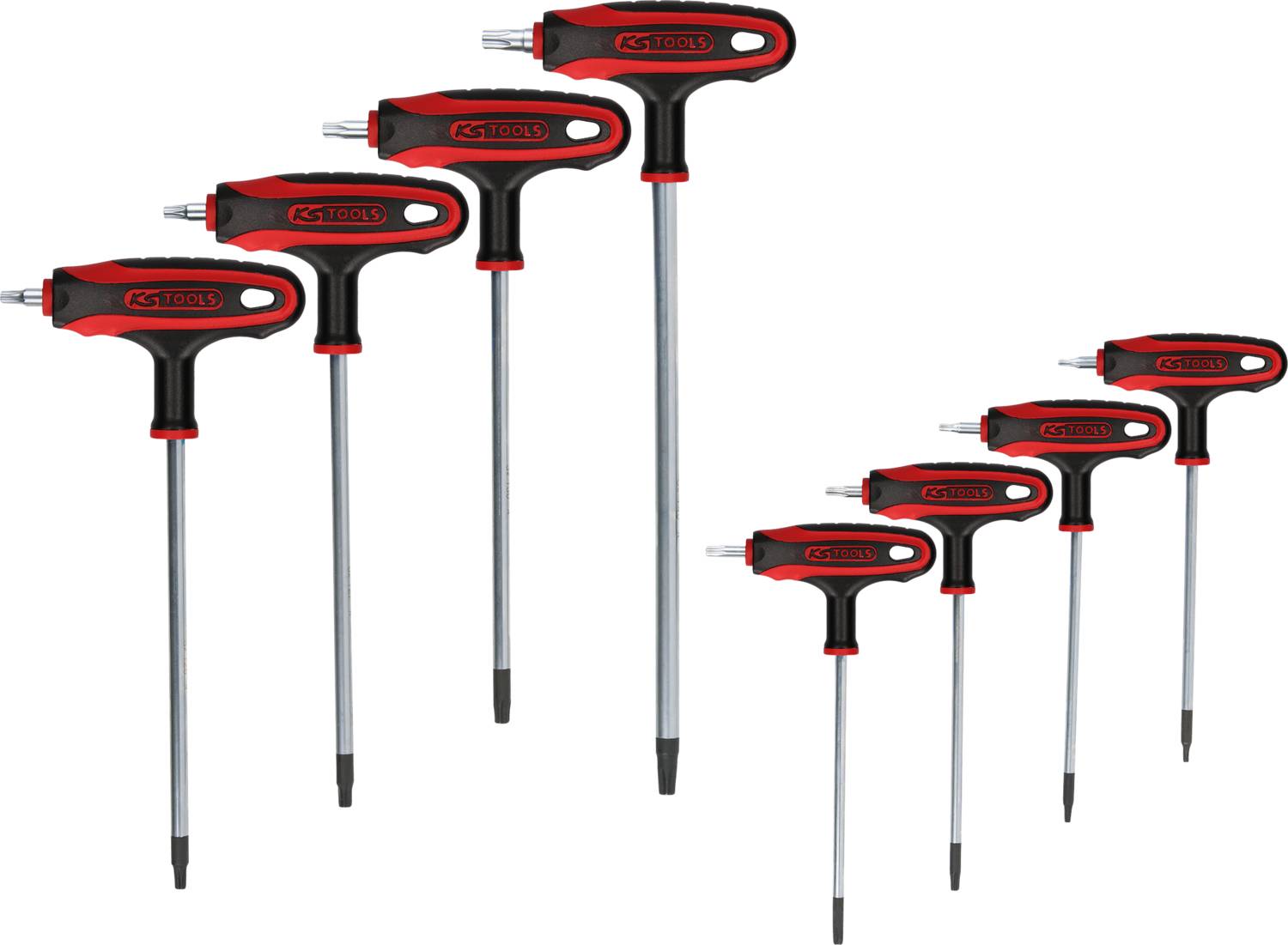 'Eight hex keys with T-handle in various sizes from small to large, black handle with red accent, lined up side by side.'