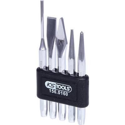 A set of five different chisels in a black holder, with 'KS TOOLS 156.0160' printed on the holder.