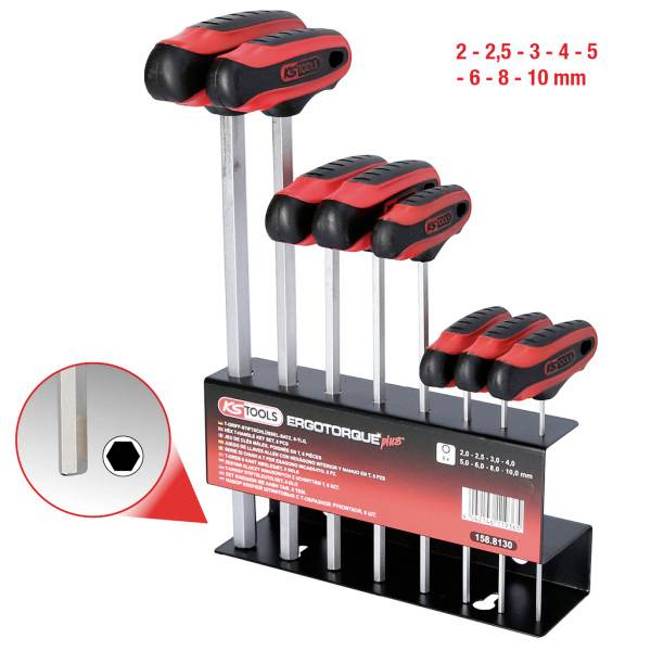 A set of six hex key screwdrivers in a stand, sizes range from 2 to 10 mm. Includes a close-up showing the hex shape of the tip.