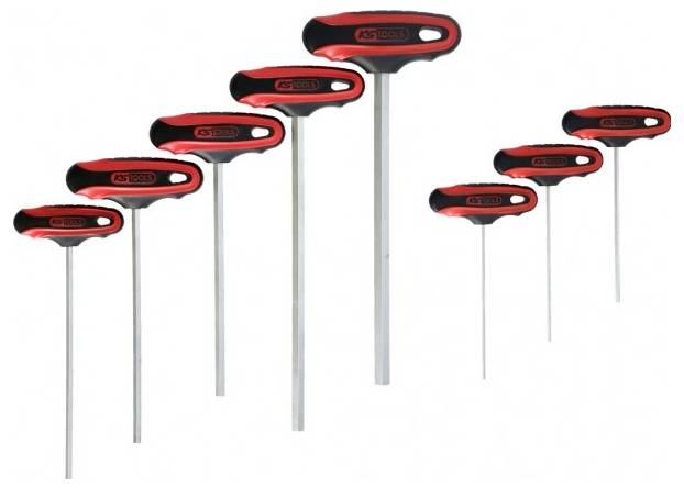 A set of seven red-handled T-handle hex wrenches in varying sizes, aligned vertically.