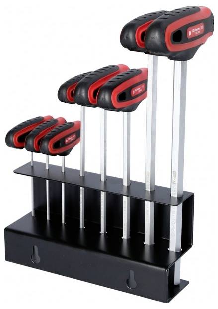 A set of six red and black hex keys with handles, displayed in a black holder.