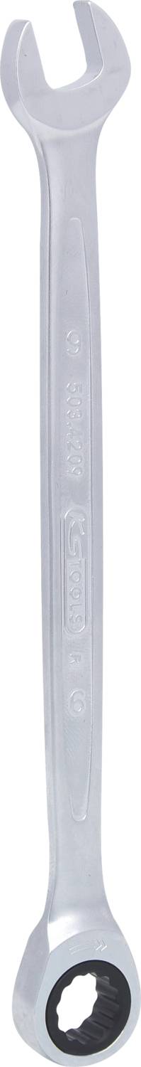 A silver spanner with an open and a closed end.