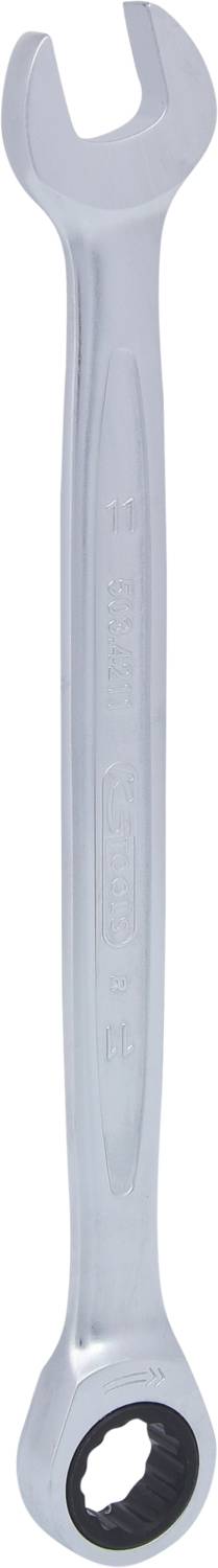 Metal adjustable spanner with an open and a closed side, used for tightening or loosening screws and nuts.