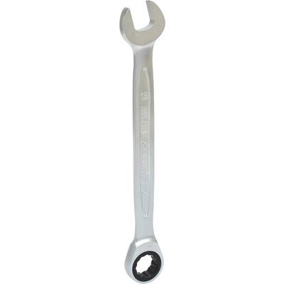 Silver ring spanner on a white background. One side is open, the other has a ring head. Tool for screws.