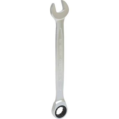 A silver ring spanner with an open jaw at one end and a closed ring at the other, is suitable for turning screws.