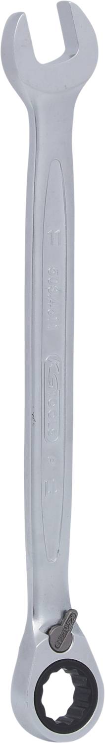 Combination spanner with open and ratchet ring end, grey, made of metal; suitable for screw and bolt work.