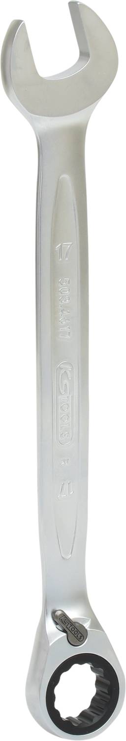 A silver ring spanner with open and ratchet ends, suitable for various screw connections.