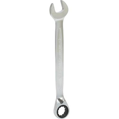 A silver ring spanner with open and ratchet ends, suitable for various screw connections.