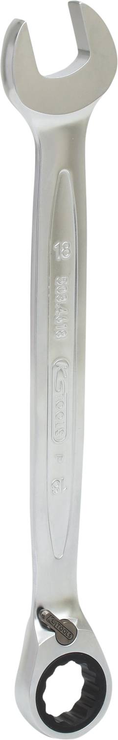 A silver ratchet spanner with an open end and a ring ratchet at the other end, for hand tools.