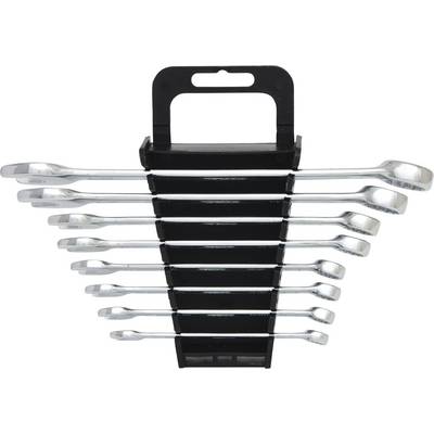 A set of nine silver spanners in varying sizes, neatly arranged in a black holder.
