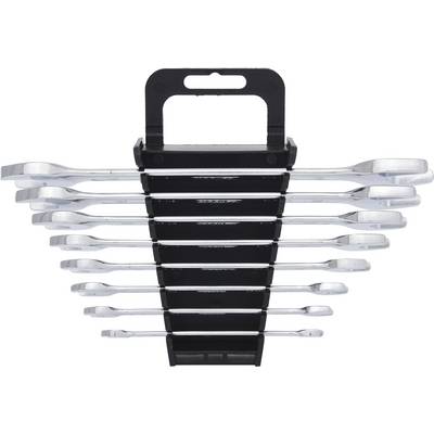 A set of nine silver spanners in various sizes, neatly arranged in a black holder.