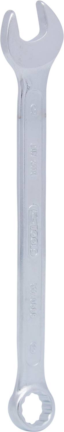 A silver combination spanner with an open-ended section at the top and a ring end at the bottom, used for tightening or loosening nuts and bolts.