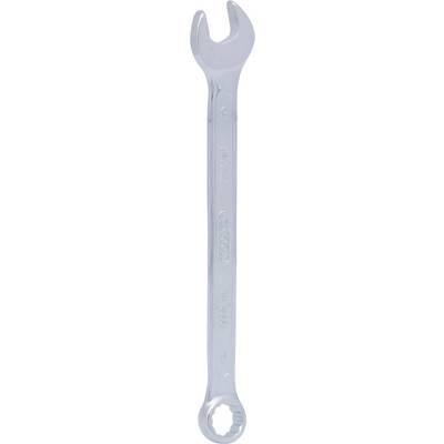 A silver combination spanner with an open-ended section at the top and a ring end at the bottom, used for tightening or loosening nuts and bolts.