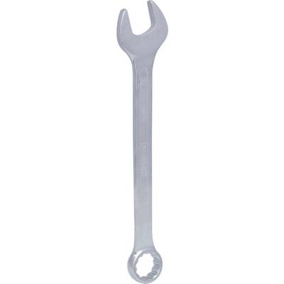 A silver-coloured spanner with a ring and an open-ended head on a white background.