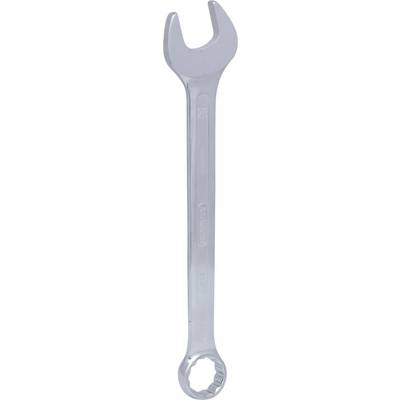 A silver spanner with an open and a ring-ended side, used for tightening or loosening screws and nuts.