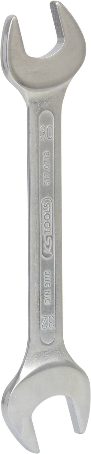 A silver spanner with open-ended jaws, one facing upwards, the other downwards. Tool for mechanical work.