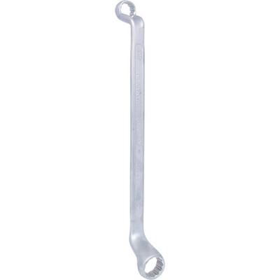 A silver ring spanner with two open ends, one side slightly curved. The tool is manufactured from metal.