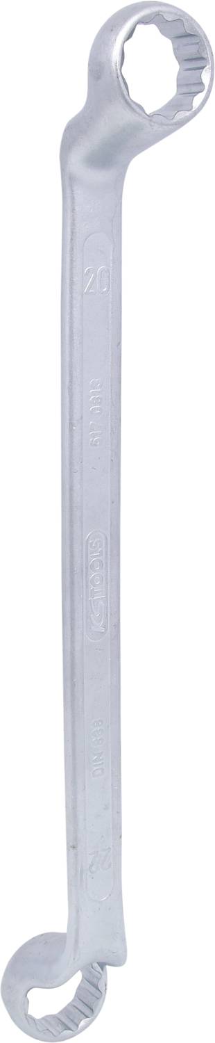 A silver ring spanner with two differently sized ends for securing screws and nuts.