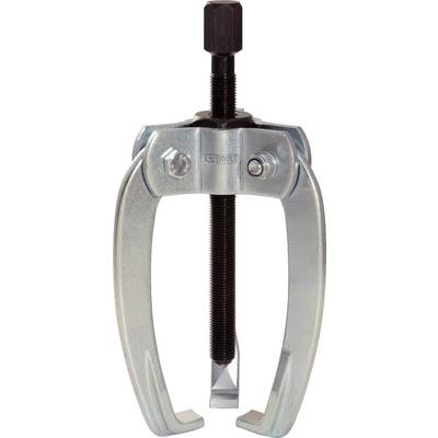 Two-legged metal puller with central screw and turning handle, used for removing gears or bearings from shafts.