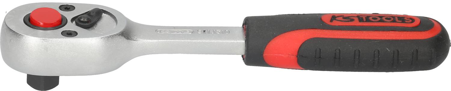 A silver ratchet with a black and red handle. At the top, there is a red button to change the direction of rotation.
