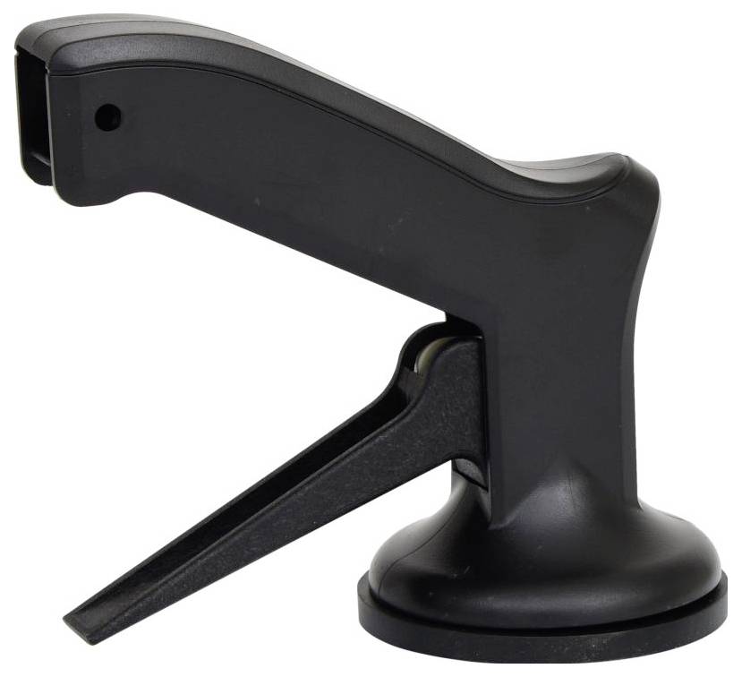 A black manual can opener with a long lever handle and a sturdy base, designed for cutting open cans with ease.
