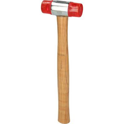 A hammer with a wooden handle and a metallic head, fitted with red plastic ends.