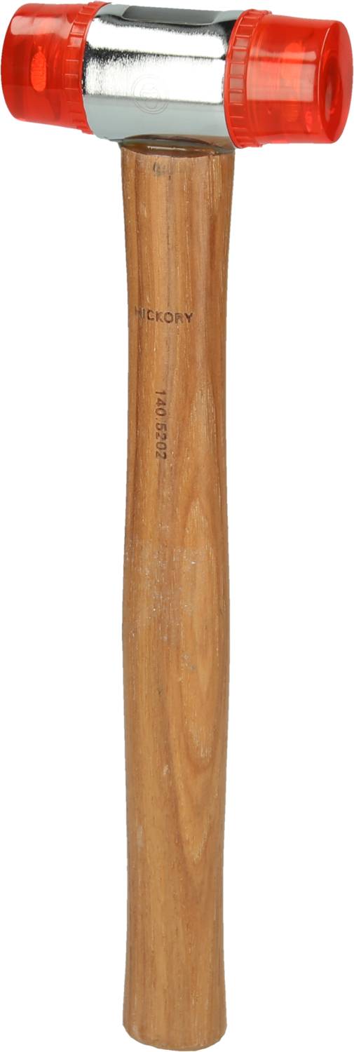 A hammer with a wooden handle and a red, rubber-coated double-headed striking face. Suitable for delicate surfaces.