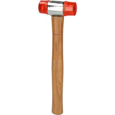 A hammer with a wooden handle and a red, rubber-coated double-headed striking face. Suitable for delicate surfaces.