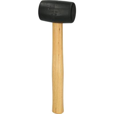 A rubber mallet with a black head and a wooden handle, positioned vertically.