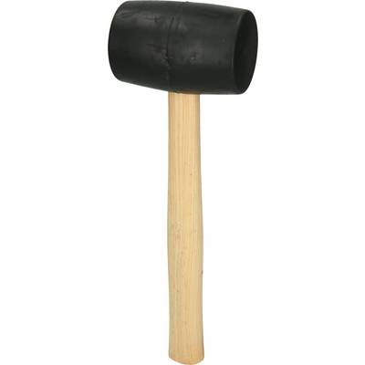 Black rubber hammer with wooden handle, pictured against a white background.
