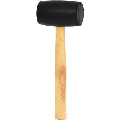 A black rubber hammer with a light brown wooden handle. The head is cylindrical and smooth, suitable for gentle strikes.