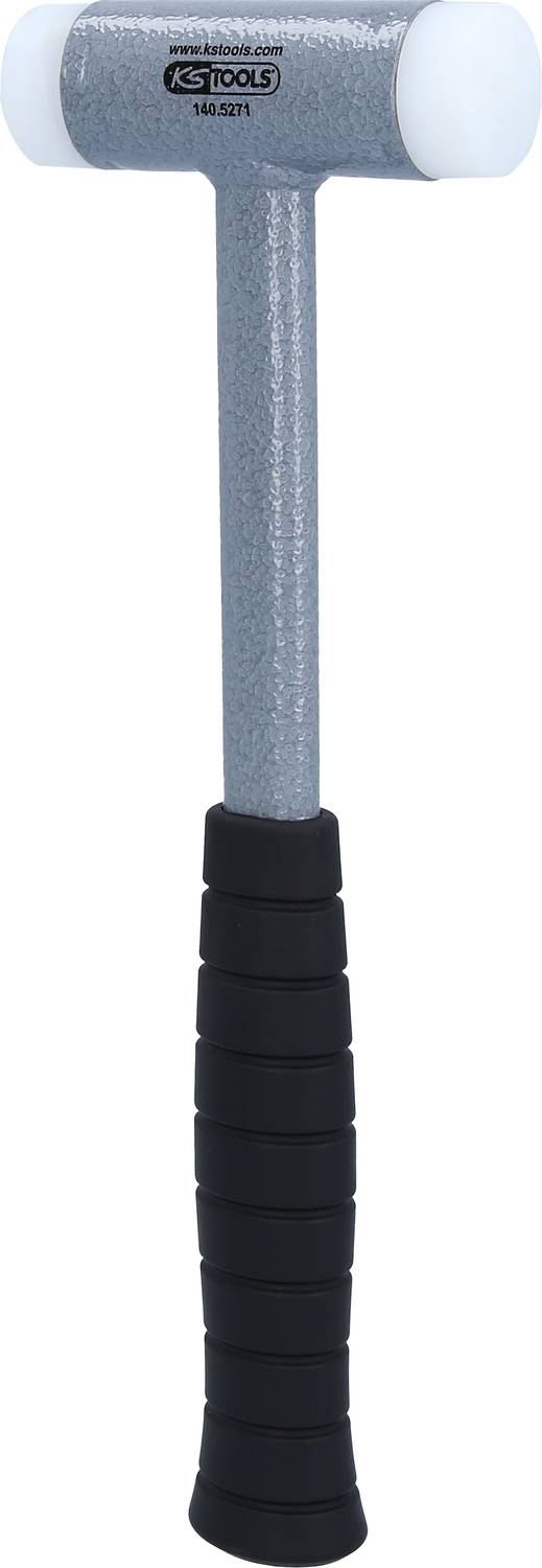 A hammer with a grey metal head and black rubber grip. The hammer head has two white plastic surfaces at its ends.