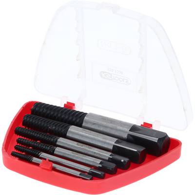 A red plastic case containing six metal thread taps of varying sizes, with the case open displaying the tools.