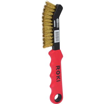 A wire brush with a red, rubberised handle. Brush head made of brass wire. Suitable for cleaning tasks.