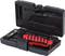 A robust tool case with a red and black plastic cutter. The case is black and made of plastic with moulded recesses.