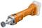 Battery-powered angle grinder with an orange handle, fine-structured grinding head and interchangeable battery.