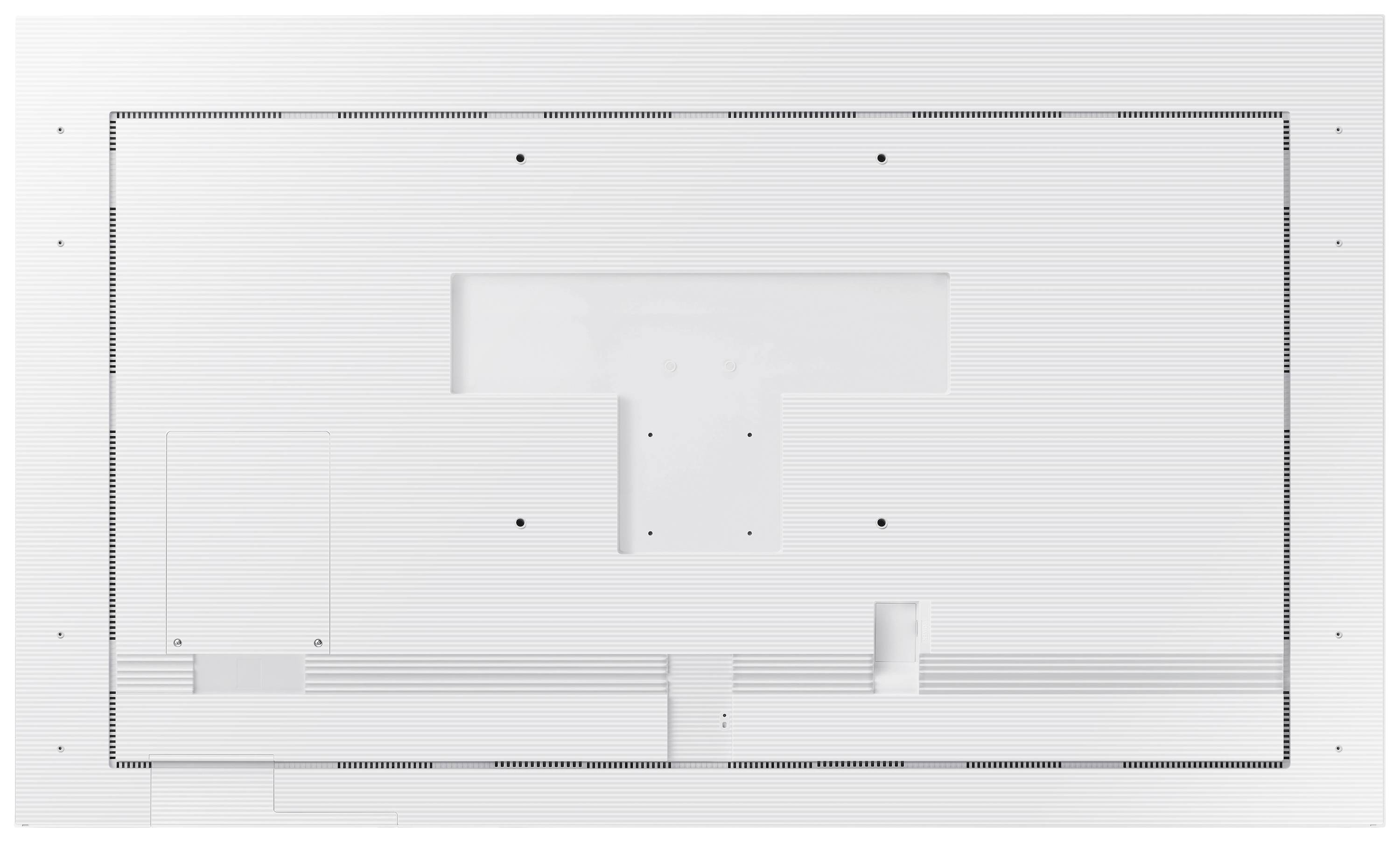 Rear view of an electronic device with a central rectangular cutout and multiple screw holes, against a white background.