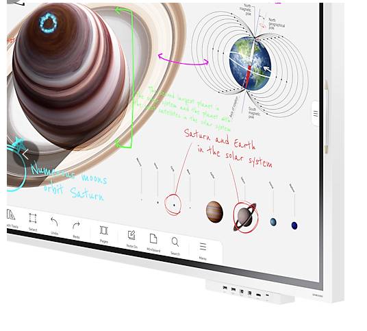 Digital display shows Saturn with its moons and a sketch of the solar system. Labels explain planets and orbits.